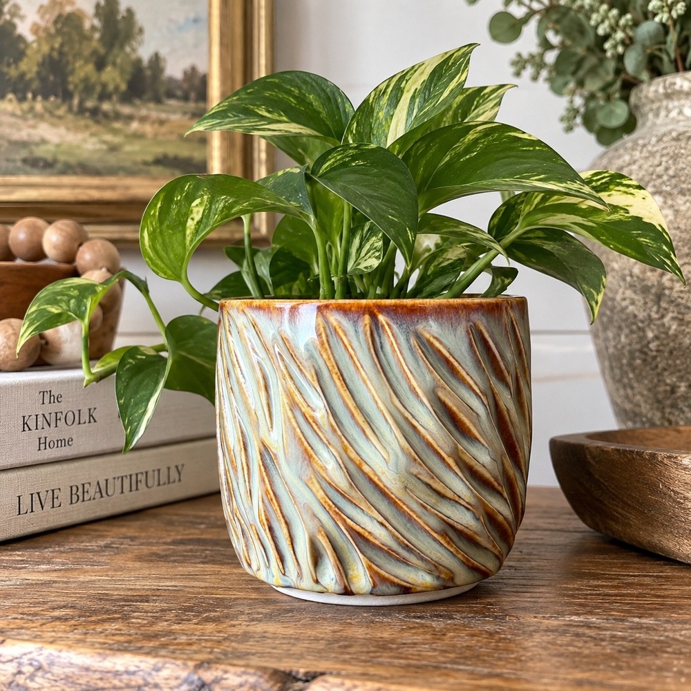 Vintage Style Studio Pottery Planter Drip Glaze Ceramic Pot Turquoise Brown